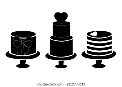 Vector set of black and white icons of sweet cakes isolated on white background for bakery logo