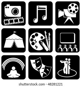 Vector set of black and white icons on the theme of Art
