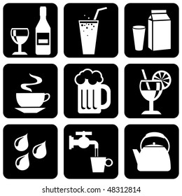 vector set of black and white icons on beverages and liquids