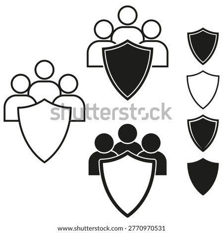 A Vector set of black and white icons representing a group of people safeguarded by a shield, symbolizing collective protection and security.