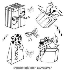 Vector set of black and white illustration of gift boxes and bows. Set for the decor of festive packaging, cards, stationery.