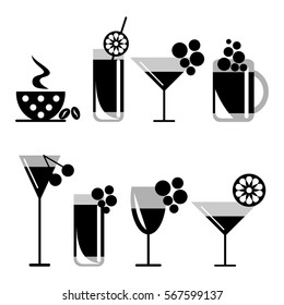 Vector set of black and white illustration of cocktails with fruits, coffee with grains, beer and wine glass, isolated on the white background. Series of Food and Drink, Icons and Illustrations