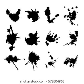 Vector set of black and white ink splash, blots, smudges and brush strokes, isolated on the white background. Series of grunge texture. Abstract element high velocity set for design.  Blow explosion. 