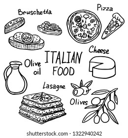 Vector set of black and white Italian food. Bruschetta, pizza, olives, cheese, lasagna, olive oil. Hand drawn sketch for menu, label, restaurant, cafe. Set of doodles on white isolated background