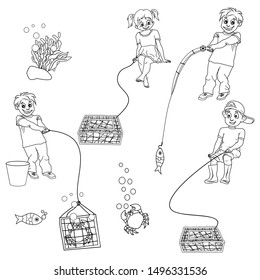 Vector set of black and white linear clipart of children fishing and catching crabs. Boys and girl with fishing rod and nets for catching crab, funny cartoon sketch
