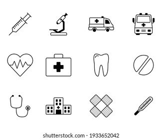 Vector set of black and white linear icons. Concept on the topic of medicine and supplies. Design template for use on web banners, social networks, websites.