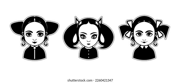 Conjunto de vectores. Niña blanca y negra con chicles y ojos grandes sobre un fondo aislado. Stickers simétricos, logotipo o iconos.