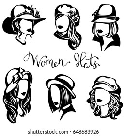  vector set of black and white logos of women's hats, stylized girls with caps