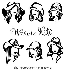  vector set of black and white logos of women's hats, stylized girls with caps