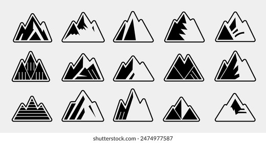 Vector set of black and white mountain silhouettes, background border of rocky mountains