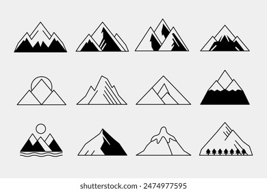 Vector set of black and white mountain silhouettes, background border of rocky mountains