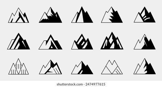 Vector conjunto de siluetas de montaña en blanco y negro, borde de fondo de las montañas rocosas