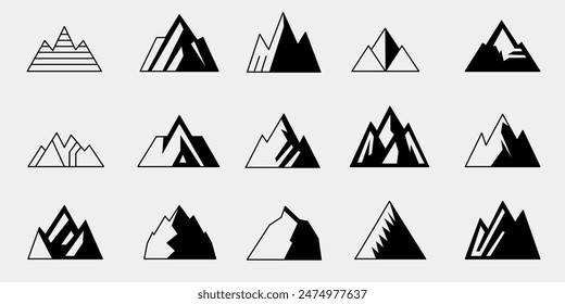 Vector set of black and white mountain silhouettes, background border of rocky mountains