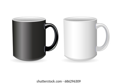 Vector set of black and white mugs. Isolated cups on white background.