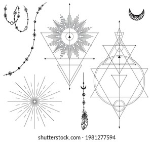 Vector set of black and white mystical elements isolated on white background. Sacred symbols, beads, feather. Hand drawn beautiful collection