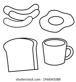 Vector set of black and white outline breakfast items, coffee, bread, sausage and egg