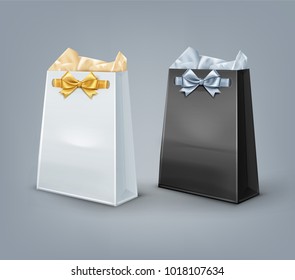 Vector set of black and white paper gift bags with bowls isolated on background