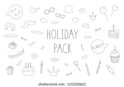 Vector set of black and white photo booth props, cakes, candles, balloons, confetti, sweets, candies, speech bubbles. Holiday or birthday collection. Linear art pack for party design or invitation