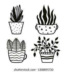 Vector set with black and white plants in flowerpots. Home decoration illustration