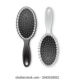 Vector Set of Black White Plastic Grooming Hair Brush Comb Top View Isolated on Background