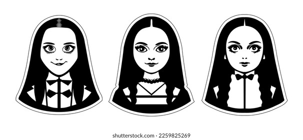 Vector set of black and white portraits of teenage girls with long hair, with pigtails. Young goth lady. Logos or stickers on an isolated background.