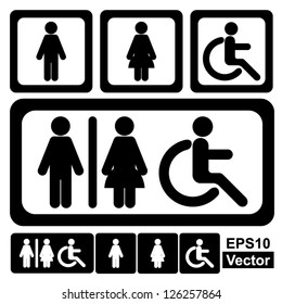 Vector : Set of Black and White Restroom or Toilet Sign on Square Plate Isolated on White Background