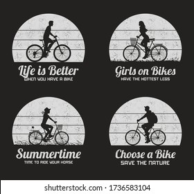 Vector set of black and white retro illustrations with silhouettes of people on bikes. Vintage backgrounds for prints, t-shirts