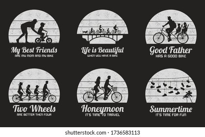 Vector set of black and white retro illustrations with silhouettes of people on bikes. Shoes hanging on wires. Vintage backgrounds for prints, t-shirts