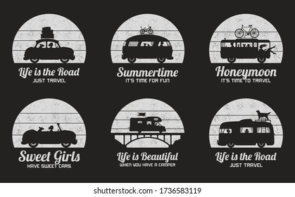 Vector set of black and white retro illustrations with silhouettes of cars on road. Family road trip. Vintage backgrounds for prints, t-shirts