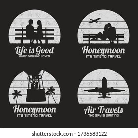 Vector set of black and white retro illustrations with silhouettes of people in park. Lovers in balloon basket. Aircraft in sky. Vintage background for prints, t-shirts