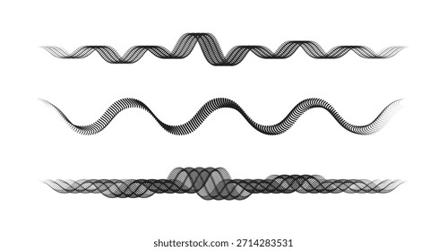 Conjunto vetorial de cordas e fitas pretas e brancas. Ilustração de vetor de onda sonora abstrata com frequência.