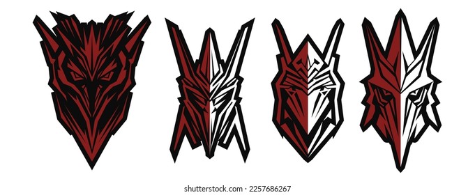 Vector set of black and white scary angular masks or icons. Flat technological logos or emblems on a white isolated background.