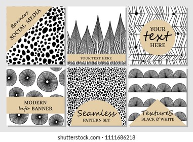 Vector set of black and white seamless patterns, backgrounds, textures. Editable social media banners, promotional mockups for bloggers, PR, designers, shop owners.