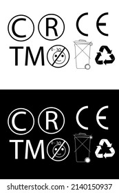 Vector Set Black and White Sign C R, waste, TM , E, Recycling, Waste, and Baby Hazard
