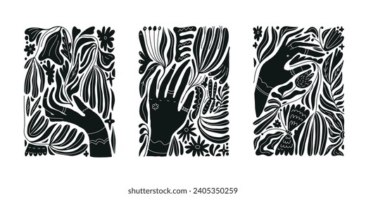 Vector set of black and white silhouette prints. Hands holding flowers, floral shapes celestial illustrations, boho style patterns art, contemporary magic cards