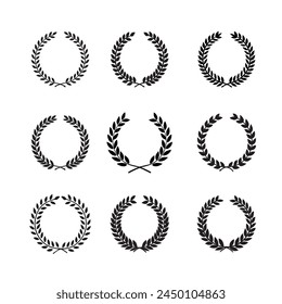 vector set of black and white silhouette circular laurel foliate and wheat wreaths depicting an award achievement