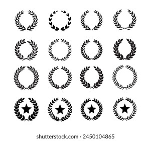 vector set of black and white silhouette circular laurel foliate and wheat wreaths depicting an award achievement