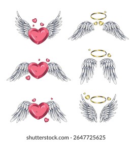 Vector set of black and white sketch angel wings on red heart and golden halo. Valentine's Day. Cupid. Engraving. Vintage. For tattoo, wedding, logo. Isolated background. Hand drawn illustration.