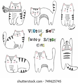 Vector set of black and white sketch hand drawn cats in different poses with funny doodle font