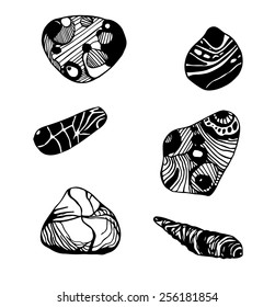 Vector set of black and white stones, ink drawn