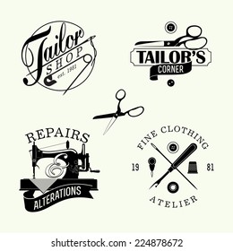 Vector set of black and white stylish tailor shop, cloth repair and alteration shop and atelier insignia | Retro looking stylish dressmaking shop emblems 