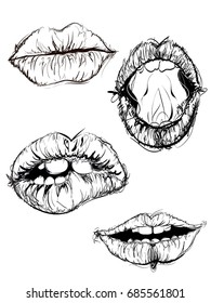 A Vector Set of Black and White Stylized Contour Drawings of Woman Lips and Mouths for Make up and Fashion