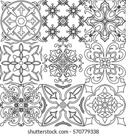 Vector set of black and white tiles background. For coloring pages, backgrounds, decoration for your design, page fill and more. 