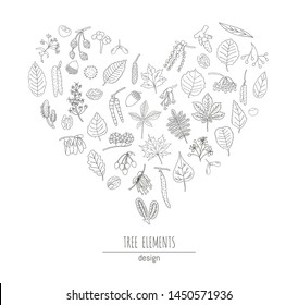 Vector set of black and white tree elements isolated on white background framed in heart shape. Line drawing of birch, maple, oak, rowan, chestnut, hazel, linden leaves. Cartoon style forest concept