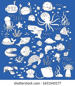 a vector set of black and white underwater animal