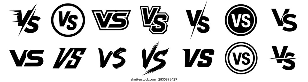 A vector set of black and white Versus VS logos and icons in various dynamic, athletic, and modern styles, isolated on a white background.