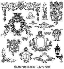 vector set: black and white vintage sketch calligraphic drawing of heraldic design element and page decoration, of Lviv historical building, Ukraine