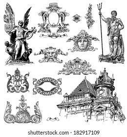 vector set: black and white vintage sketch calligraphic drawing of heraldic design element and page decoration, of Lviv historical building, Ukraine