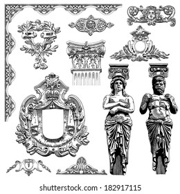 vector set: black and white vintage sketch calligraphic drawing of heraldic design element and page decoration, of Lviv historical building, Ukraine