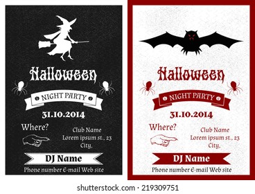 Vector set of black and white vintage Halloween party invitation 